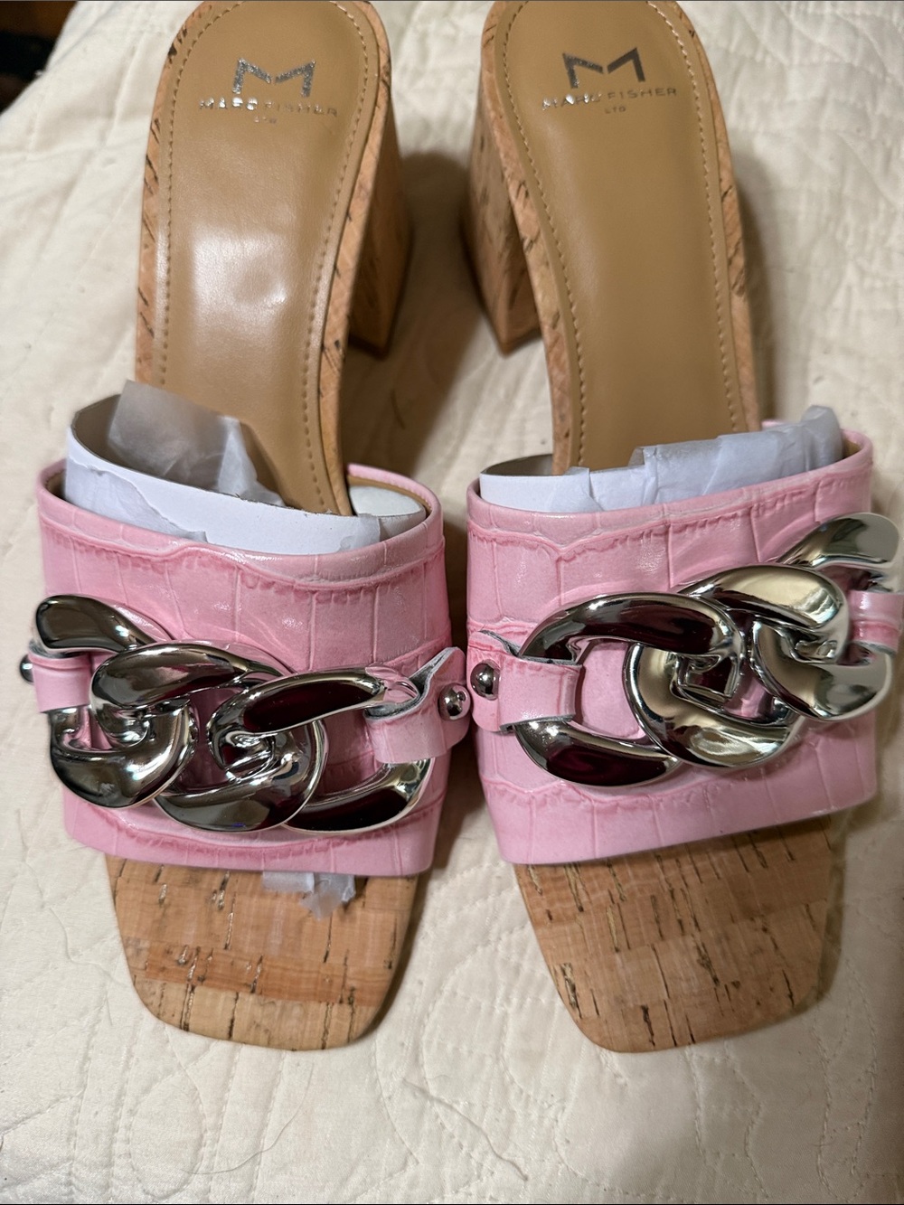 Marc Fisher Pink Croc-Embossed Slide Mules with Silver Chain